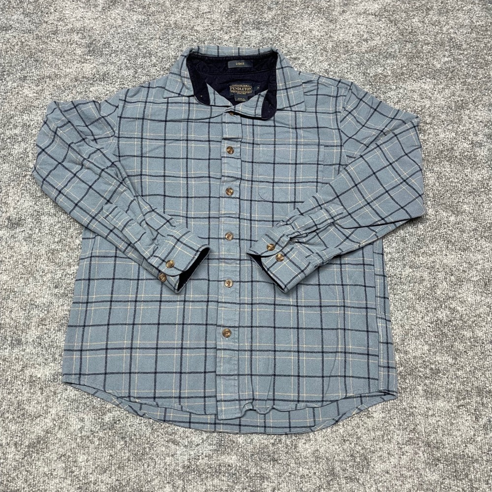 Pendleton Lodge Shirt Mens Medium Blue Plaid 100% Virgin Wool Corduroy‎ Trim